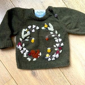 Shirley Bredal Embroidered Knit Merino Wool Pine Sweater - 6 months old
